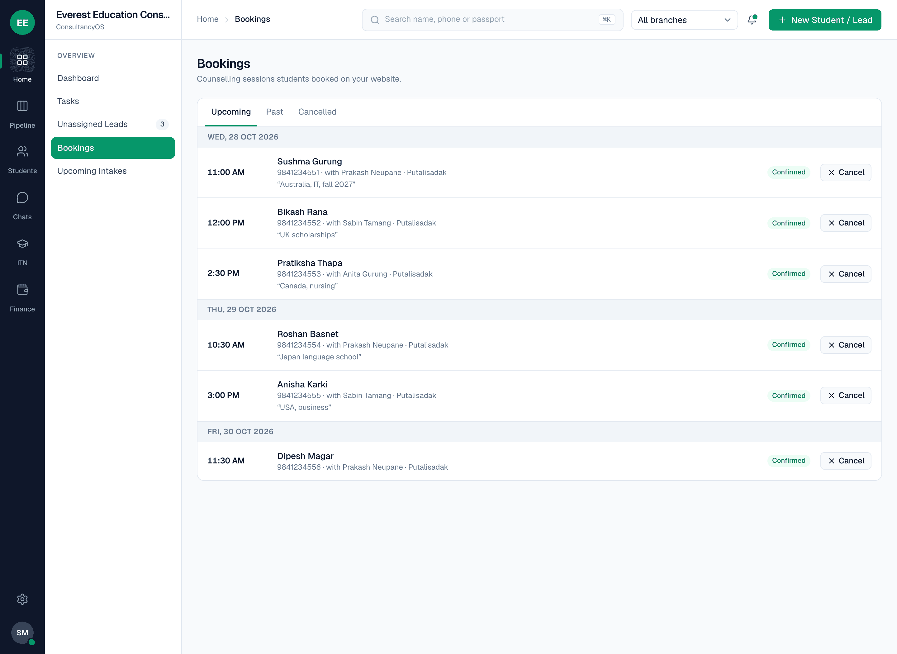 The Bookings list for staff: each booking's time, student, assigned counselor and topic, grouped by day.