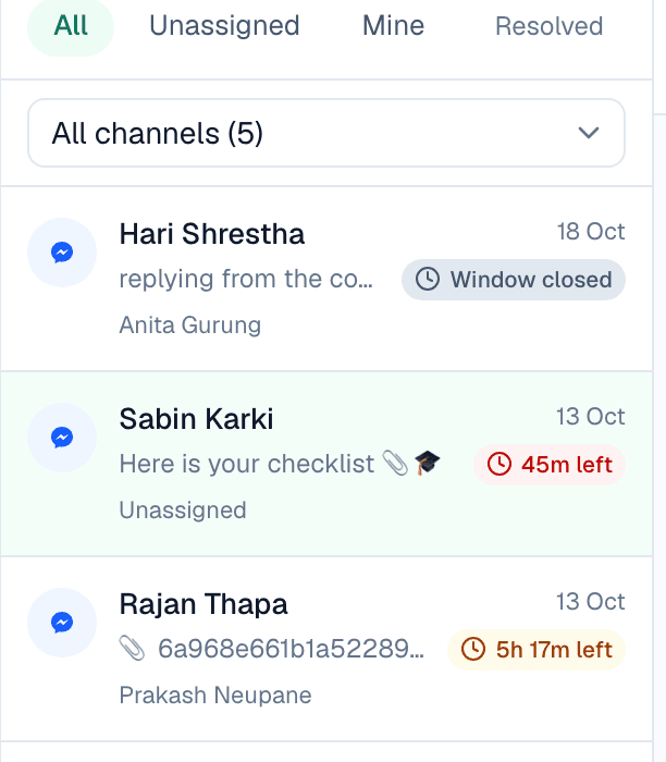The inbox list with a reply countdown on each chat, such as 45m left, 5h 17m left or Window closed.